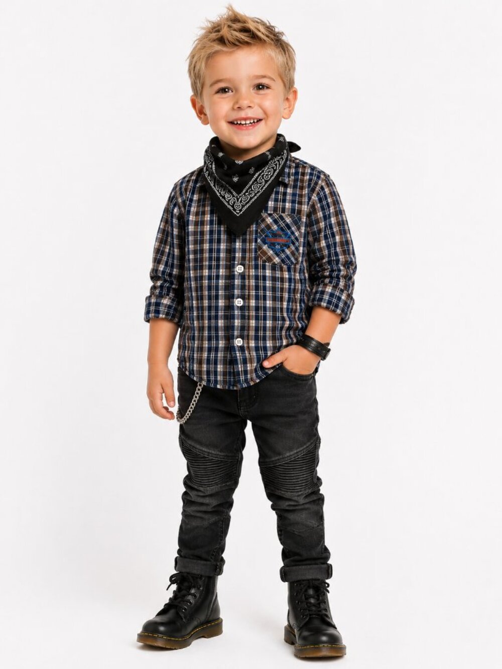 Button-up shirt/long sleeves - plaid brown and blue - motorcycle look - Star - 3